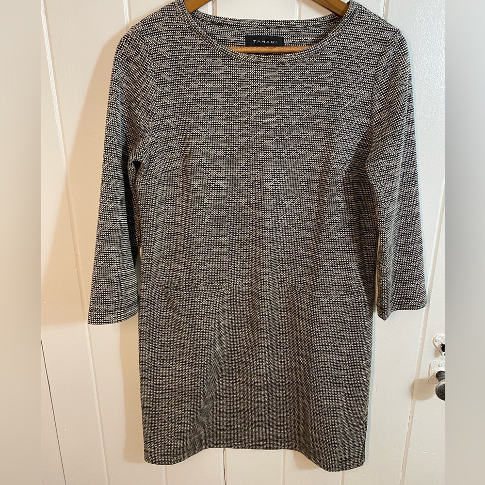 Tahari 3/4 Sleeve Black Grey White Shift Dress With Pockets Size S Small